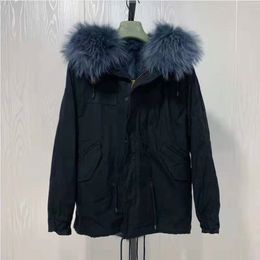 navy blue raccoon fur trim Mukla furs navy blue coyote fur lining black women mini parkas winter snow coats wolf fur jackets