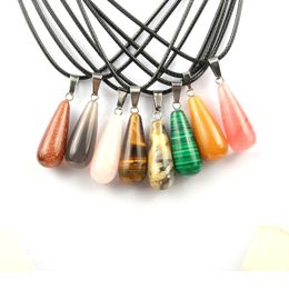 Natural Stone Crystal Quartz Opal Long Water Drop Pendant & Necklace Leather Chains For Men Women Fashion Jewellery