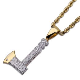 Mens Gold Chain Axe Shape Necklace Hip Hop Pendant Necklace Iced Out with Stainless Steel Rope Chain