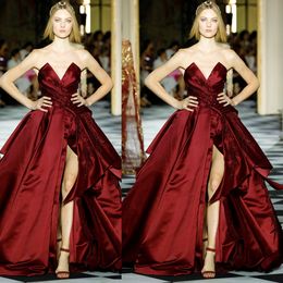 satin burgundy prom dresses sexy strapless front split party dresses elegant ball gown evening gowns