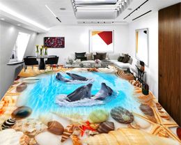 Custom 3d Home Floor Mural Wallpaper Beautiful Conch Shell Dolphin Swimming HD Indoor Floor Wallpaper