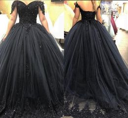 Blue Navy Prom Kleider von der Schulterspitze Applique Perlen Korsett Rücken Kristalle Sweep Zug Quinceanera Party Ballkleid Mitte gemacht