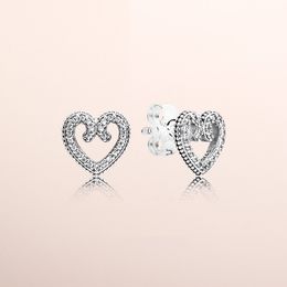 Real 925 Sterling Silver CZ Diamond heart Earrings Set Original Box for Pandora Heart Swirls Stud Earrings for Women Girls Wedding Jewellery