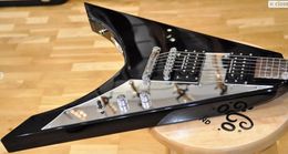 Custom Michael Amott Ninja V Black Electric Guitar Mirror Pickguard & Name Plate, White Pearl Dirk Inlay, Locking Tuners, Chrome Hardware