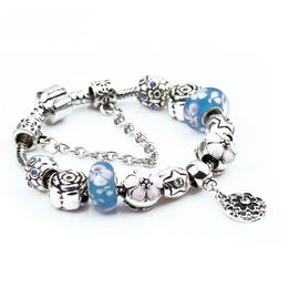 Blue Pink Flower Pan Dora Design Bracelets Beads Charms Jewellery for Women Girls Antique Vintage Silver Crystal Glass Fashion Star Bangle Hot