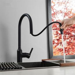 Hidden Aerator Pull Out Kitchen Faucet Matte Black & Chrome Kitchen Sink Water Mixer Tap Single Hole Basin Brass Faucet