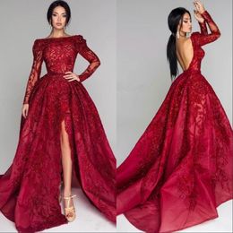 Dark Red Illusion Lace Beads Bodices Formal Party Evening Gowns New Long Sleeves Sexy Backless Side Split Custom Prom Dress