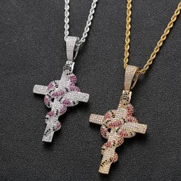 Iced Out Colourful Snake with Cross Pendant Tennis Chain Necklace Gold Colour Cubic Zirconia Men Hip hopJewelry