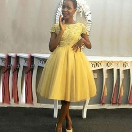 Daffodil Short Prom Dresses Bateau Neck Short Sleeves Puffy Tulle Knee Length Light Yellow Formal Party Gowns Custom