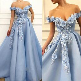 Spring Chic Blue Prom Dresses Lace 3D Floral Applique Party Dress A Line Off The Shoulder Custom Made Formal Gowns