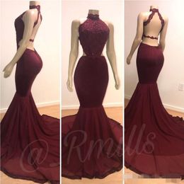 Halter Mermaid Sexy Bury Prom Dresses Backless Sweep Train 2019 Party Gowns Applique Sequins Plus Size Formal Ocn Wear