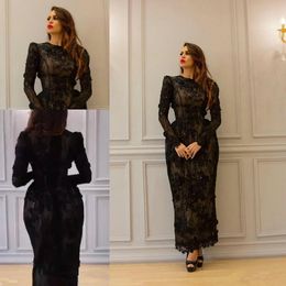 Kleines schwarzes Kleid, Teelänge, 3D-Blumen-Abendkleider mit langen Ärmeln, Yousef Aljasmi, Spitze, arabischer Anlass, Abschlussballkleider224A