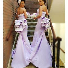 Strapless Dresses Lilac Long Lace Appliques Ruffles Mermaid Maid of Honor Gowns for Wedding Sweep Train Bridesmaid Dress