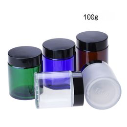 Wholesale 100g Blue Green Clear Amber glass cream jars empty glass cosmetic cream containers with black lids