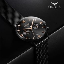 ONOLA brand Business Casual watch man waterproof wristwatch clock Genuine leather Steel band dress fashion simple mens watch