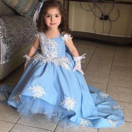 Winter Cute Light Blue Hi Lo Flower Girls Dresses Satin Tulle Jewel Neck Capped Sleeves Lace Applique Kids Princess Pageant Party Gown