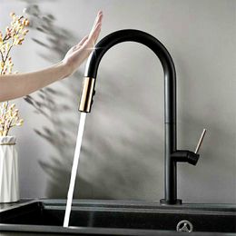 Matt Black Brass Smart Touch Sense Control Pull Out Kitchen Faucet Sensitive Touch Control Faucet Mixer Water tap