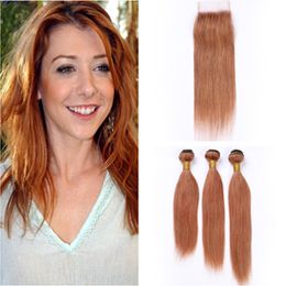 #30 Medium Auburn Human Hair Bundles with Closure Brazilian Straight Auburn Color Virgin Hair Lace Closure 4x4" with Weave Bundles