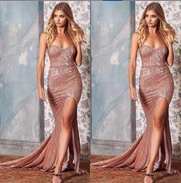 2019 Cheap Sheath Rose Gold African New party Prom Dresses Split Front Sequined Dresses Black Girls Evening Gowns Abendkleider