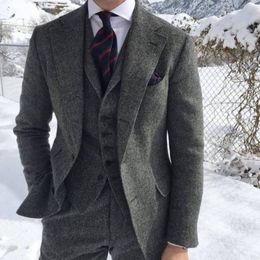 Rustic Dark Grey Wedding Tuxedos Wool Herringbone Tweed Slim Fit Men's Suit (Jacket +Vest +Pants ) Farm Prom Groom Attire Plus Size B086