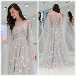 Elegant Unique Design Prom Dresses with Wraps 2020 Sheer Neck Star Appliques Party Dress vestidos de fiesta