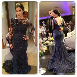 2019 Navy Blue Long Sleeves Lace Mermaid Evening Dresses Beaded Bateau Neckline Backless Zipper Back Plus Size Formal Prom Party Ball Gown 401 401