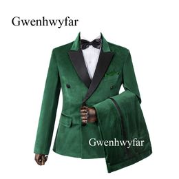 Gwenhwyfar 2 Pieces Green Velvet Wedding Groomsmen Tuxedos 2020 Black Peak Lapel Slim Fit Custom Made Evening Party Men Suits