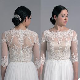 Vintage Bridal Jackets Scoop Neck 3/4-Length Sleeve Bolero Wedding Top Lace Appliques Custom Made Button Back Bridal Accessories