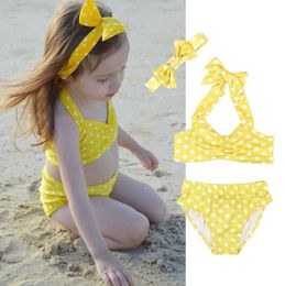 Girls Swimwear Dot Yellow Kids Bikini Shorts Headband 3pcs Sets Summer Princess Swimsuits Swimming Bikini Suits Bathing Suit YW3706