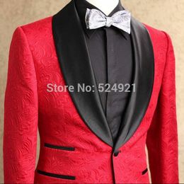 New Arrival Men Suits Red Pattern and Black Groom Tuxedos Shawl Satin Lapel Groomsmen Wedding Best Man 2 Pieces ( Jacket+Pants+Tie ) L453