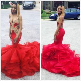 Sexy Red Beaded Organza Mermaid Prom Dresses 2020 Spaghetti Straps Lace Applique Backless Long Formal Party Dresses Luxury Evening Gowns