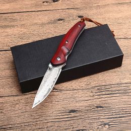 Top Quality Damascus Small Pocket Folding Knife Damascus Steel Drop Point Blade Rosewood Handle EDC Gear Gift Knives