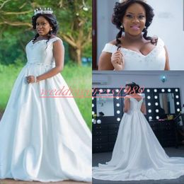 Charming Plus Size V-Neck Wedding Dresses Crystal Beaded A-Line Satin 2020 Bridal Ball Bride Dress Gowns African Country Vestido de novia
