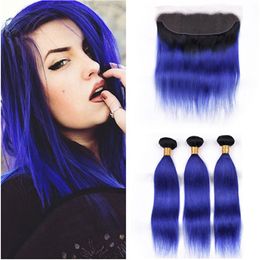 Black And Dark Blue Ombre Brazilian Virgin Human Hair Weaves With Frontal Straight 1b Blue Ombre 3pcs Bundles Deals With 13x4 Lace Frontal
