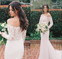 sexy Lace Long Sleeves Mermaid Wedding Dresses 2020 See Through applique Tulle Off the Shoulder Boho Bridal Gowns Simple Vestido De Noiva