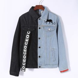 lyfzous Left black right blue denim jacket women letter Ribbon Contrast color jean jacket female slim coat womens denim jackets