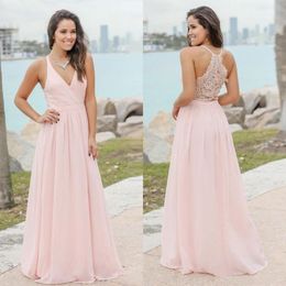 Candy Pink Summer Bohemian Bridesmaid Dresses Sexy V Neck Lace Back A Line Chiffon Long Prom Guest Party Gowns BD8985