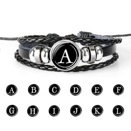26 Initial Letter Charm Snap Button bracelets For women men Glass Cabochon Alphabet Braided leather Rope chains DIY Fashion Jewelry in Bulk