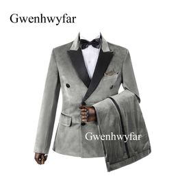 Gwenhwyfar Stylish Design Groom Tuxedos Double Breasted Velvet Peak Lapel Groomsmen Best Man Suit Mens Wedding Suits 2 Pieces