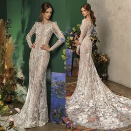 Papilio 2020 Wedding Dresses Jewel Long Sleeves Full Lace Appliques Bridal Gowns Gorgeous Button Back Sweep Train Mermaid Wedding Dress