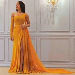 Yellow Evening Dresses Sexy Sheath Long Sleeves Chiffon Plus Size Saudi Arabic Dubai Long Prom Gown Party Dress