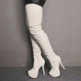 Olomm Fashion Women Platform Thigh High Boots Sexy Stiletto High Heels Boots Round Toe Beige Dress Shoes Women Plus US Size 5-15