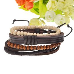 Men and women leather winding bracelet handmade pearl leather handmade wooden beads woven beaded bracelet