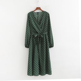 RR Dot Printed Long Dresses Womens Long Lantern Sleeve Summer Dress Female V Neck Belt Waist Yellow Green Dresses Ladies Vestido