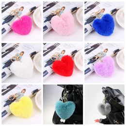 Heart Ball Pom Pom Keychain Fluffy Faux Rabbit Fur Pompom Key Chains Women Bag pendant Jewelry Key Chains Party Favor RRA2828-1