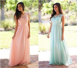 2020 Venta caliente País Vestidos de dama de honor Top de encaje Una línea Gasa larga Playa de verano Dama de honor Vestidos de fiesta de invitados de boda Barato personalizado