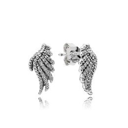 NEW 925 Sterling Silver Feather Stud EARRING LOGO Original Box for Pandora Engagement Jewellery CZ Diamond Crystal Earrings for Women Girls