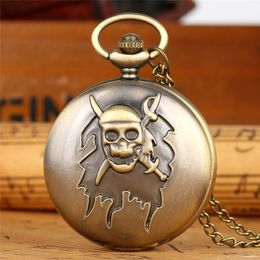 Bronze Pirate Skull Pocket Watch Quartz Analogue Watches Clock Necklace Pendant Chain Gift for Men Women Children