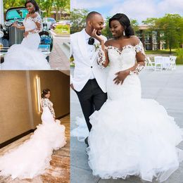African Mermaid Wedding Dresses Long Sleeves Sheer Neckline Plus Size Wedding Dress Long Train Ruffles Bridal vestido de novia