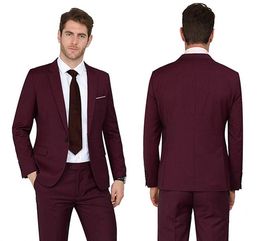 New Popular One Button Burgundy Groom Tuxedos Notch Lapel Groomsmen Mens Suits Wedding/Prom/Dinner Blazer (Jacket+Pants+Tie) K481